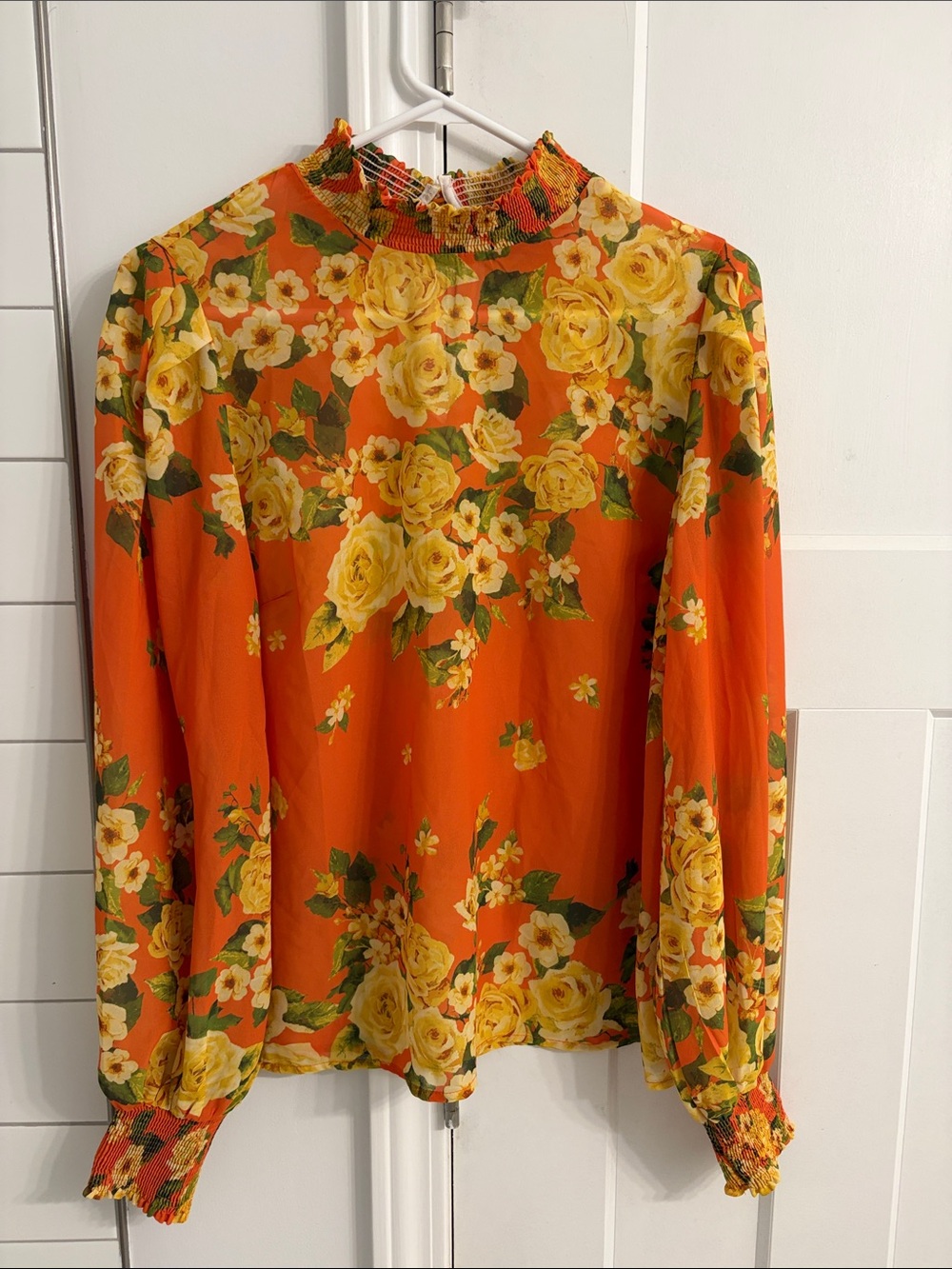Flying Tomato Floral Fantasy Mock Neck Blouse- Orange - Size M